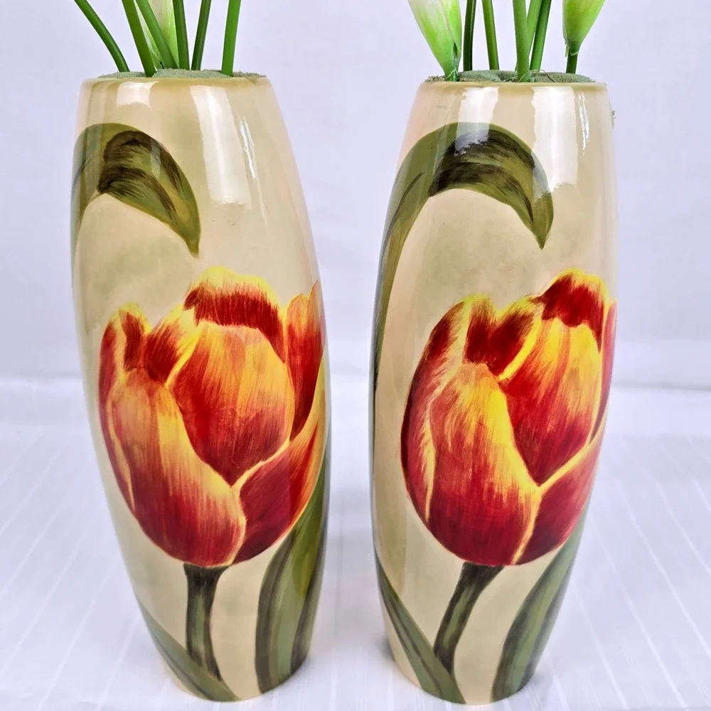 Carolina Pottery 80159 Ceramic Tulip Vases Pair Red Yellow Floral 12.5 Inch Tall